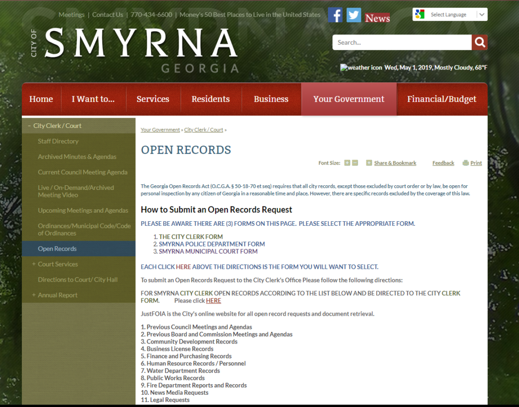 City of Smyrna's Navigation for How to Submit Public Records Requests