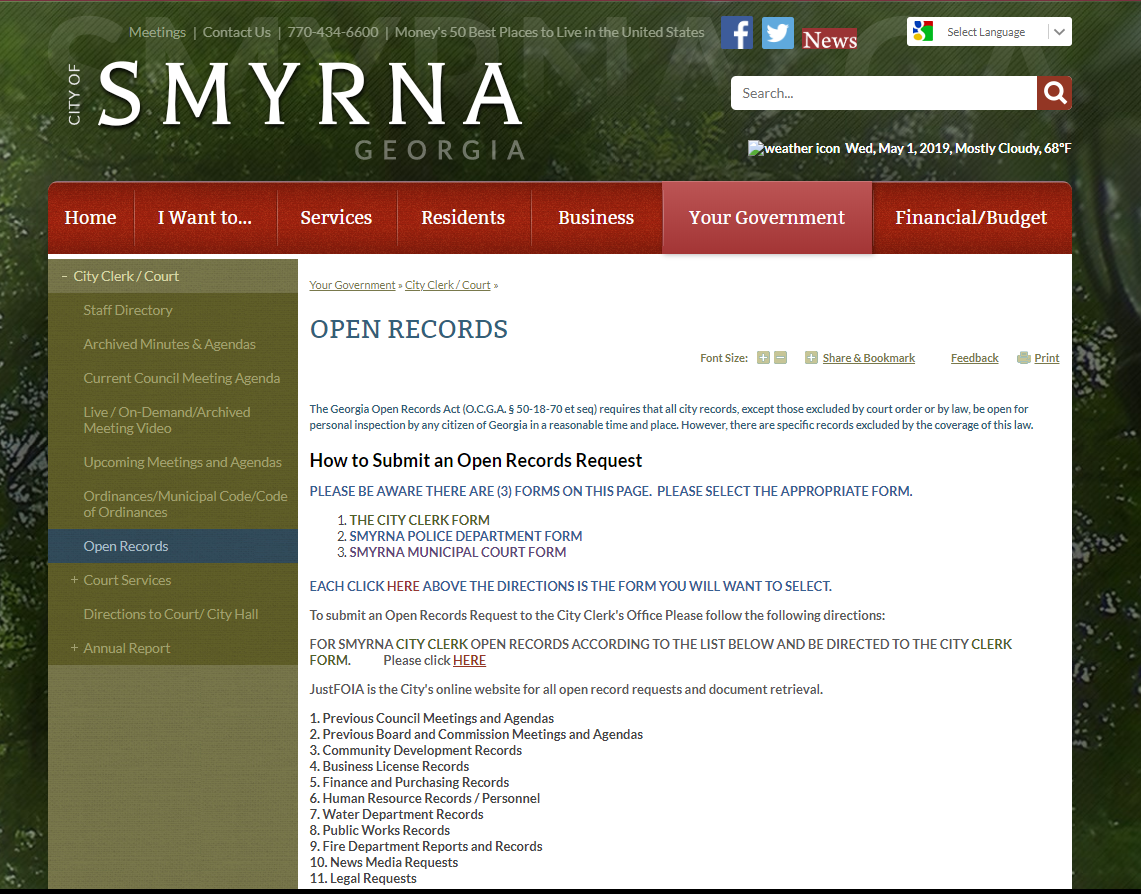 City of Smyrna's Navigation for How to Submit Public Records Requests