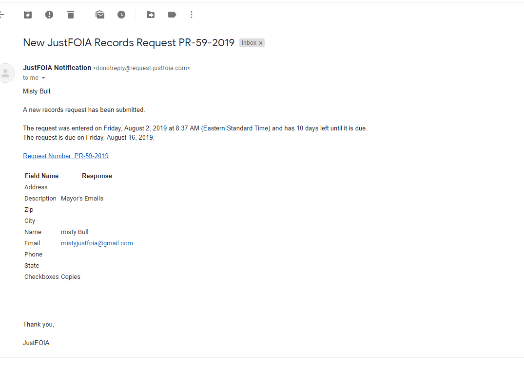 JustFOIA notification of a new public records request GIF
