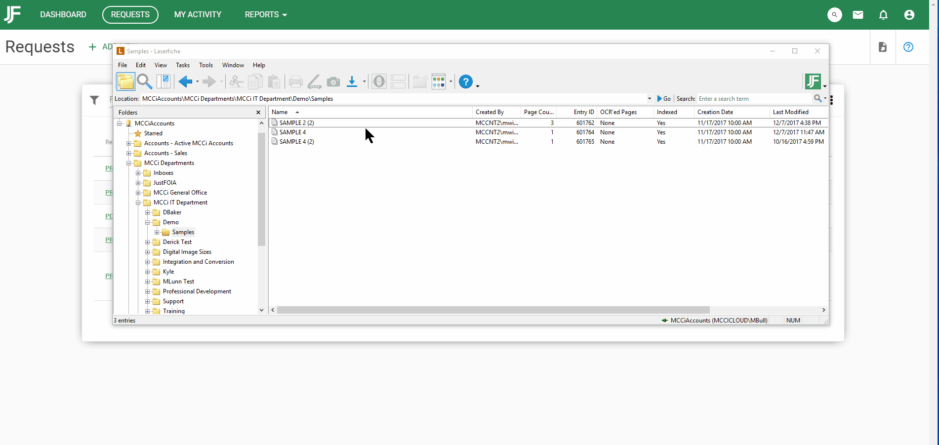 This gif shows how to import records into JustFOIA requests from Laserfiche