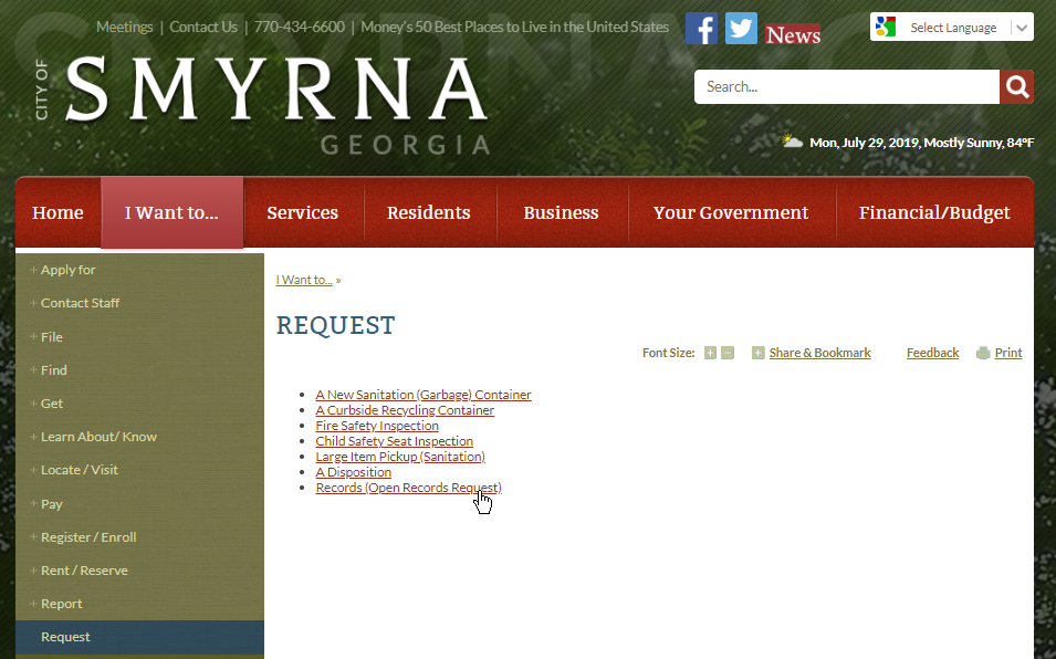 City of Smyrna's Navigation to Request Public Records