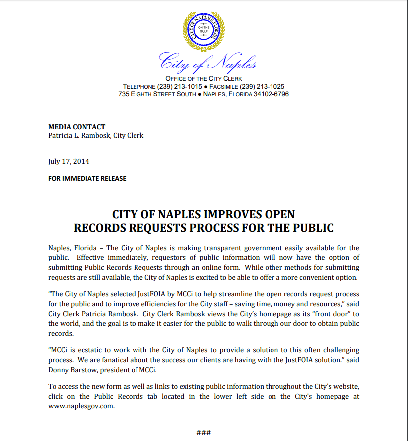 City of Naples JustFOIA PR