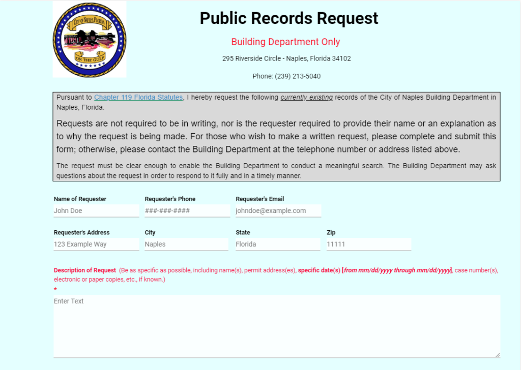City of Naples Building Records Request Form