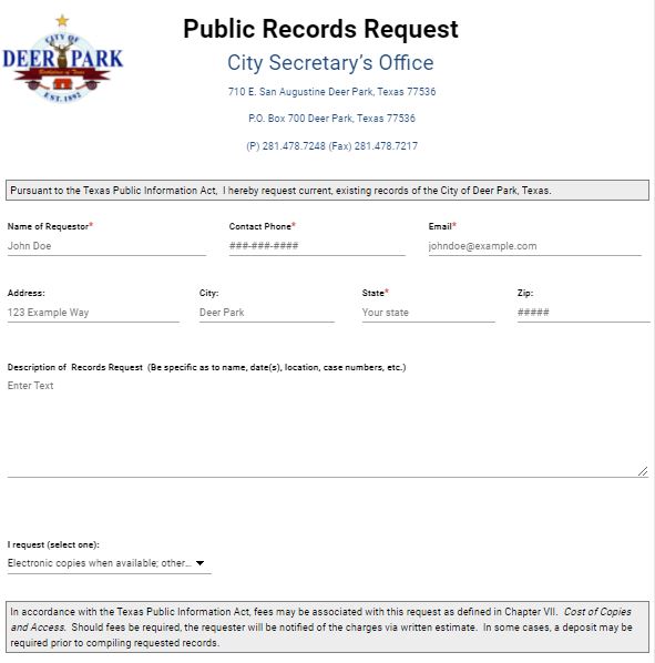 City of Deer Park, TX, Public Records Request Form