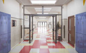 Image of a school hallways with red and white checkered floors, white walls, blue lockers and glass doors with black trim.