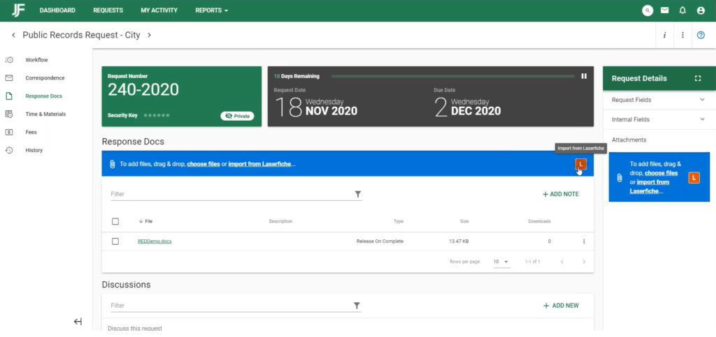 Laserfiche integration for JustFOIA records request software