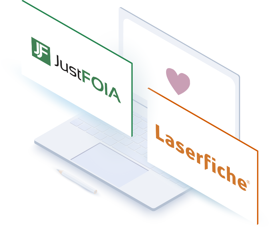 JustFOIA and Laserfiche logos on screens in front of a laptop screen with a heart on it