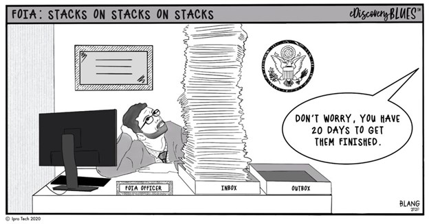 cartoon of man at desk with large stack of paper
