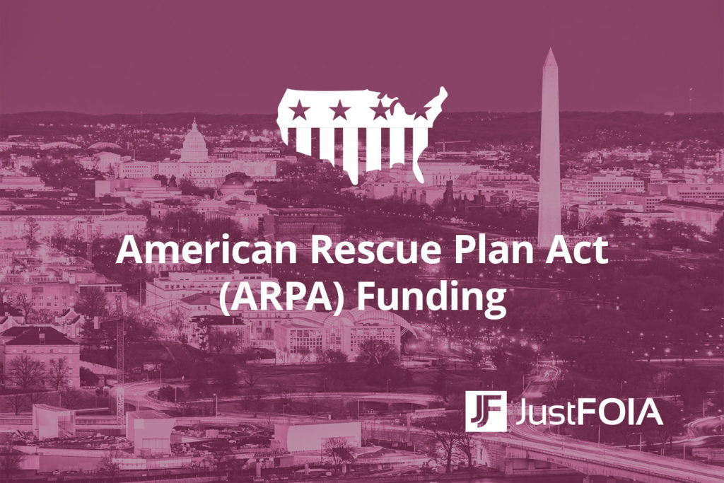 American Rescue Plan Act Funding title over city with purple overlay and the united states designed with the American flag