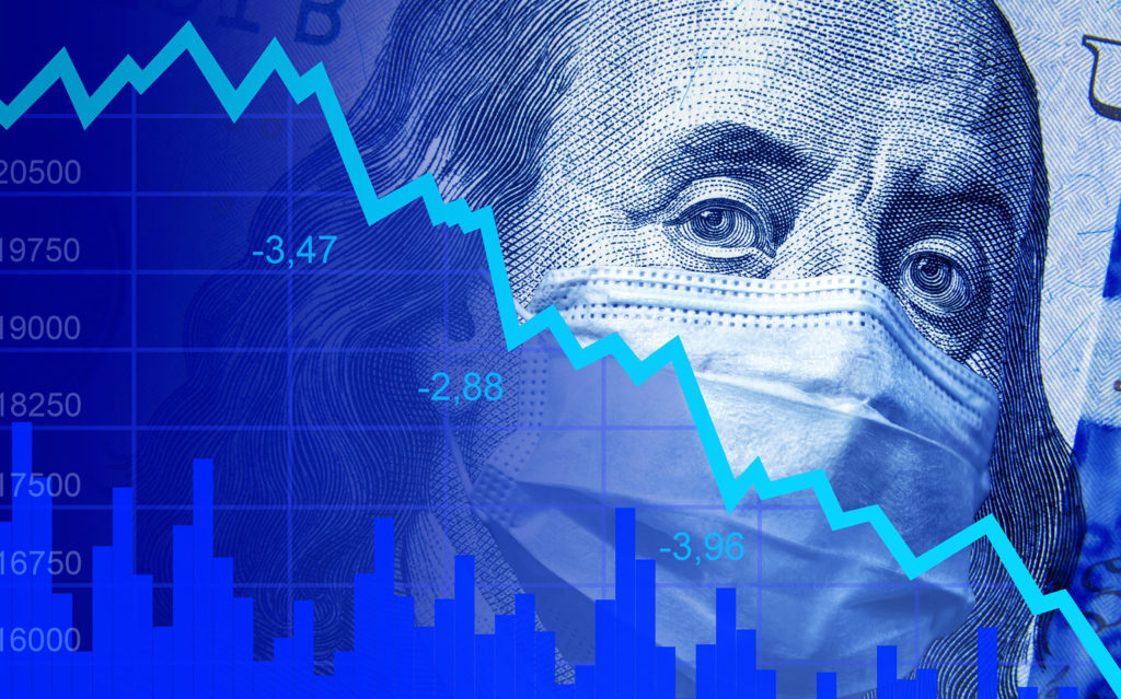 benjamin franklin wearing a disposable mask with a financial data chart overlay