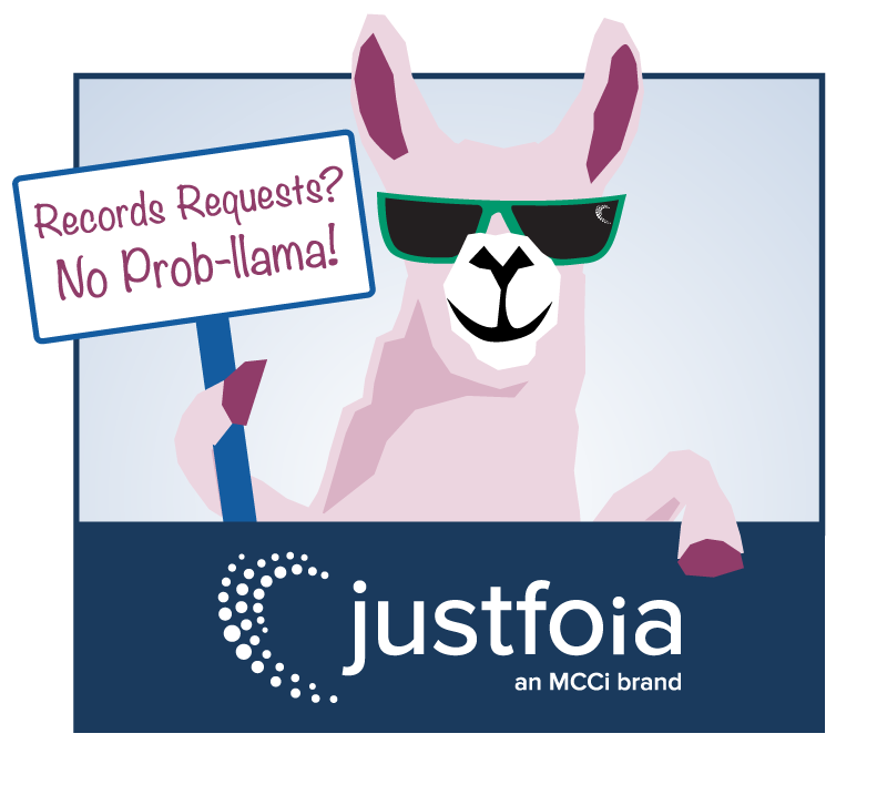 llama holding a sign that says "records requests? no-pob-llama"