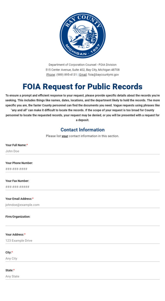Bay County Records Requests Form for Contact Information