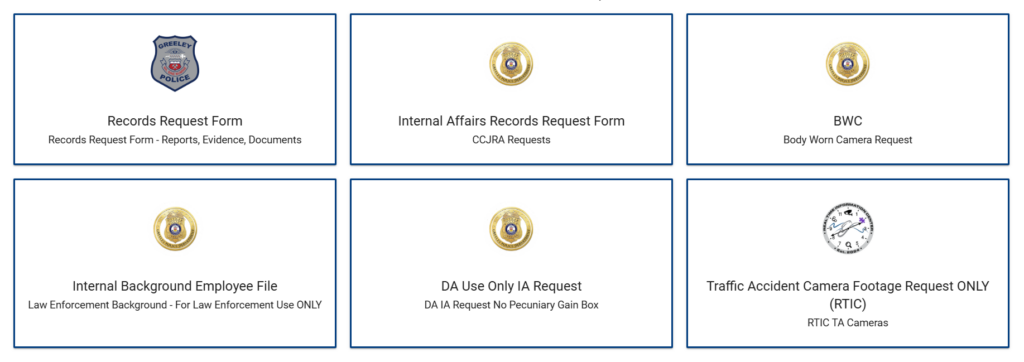 Greeley PD's JustFOIA portal has six total forms for internal and external use.
